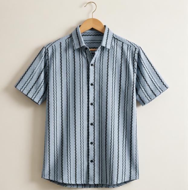 Premium Sky Blue Striped Men's Casual Shirt | Half Sleeve Cotton Blend | Stylish Regular Fit Shirt (M)