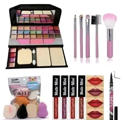 Premium Makeup Combo Kit for Women | 4 Liquid Lipsticks, Eyeshadow Palette, Makeup Sponge & Brushes
