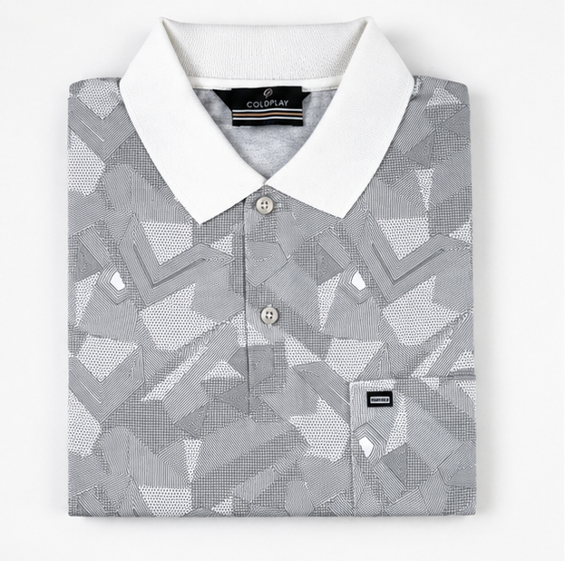 Premium Grey Geometric Printed Polo T-Shirt for Men | Cotton Blend | Stylish Casual Half Sleeve Polo (M)